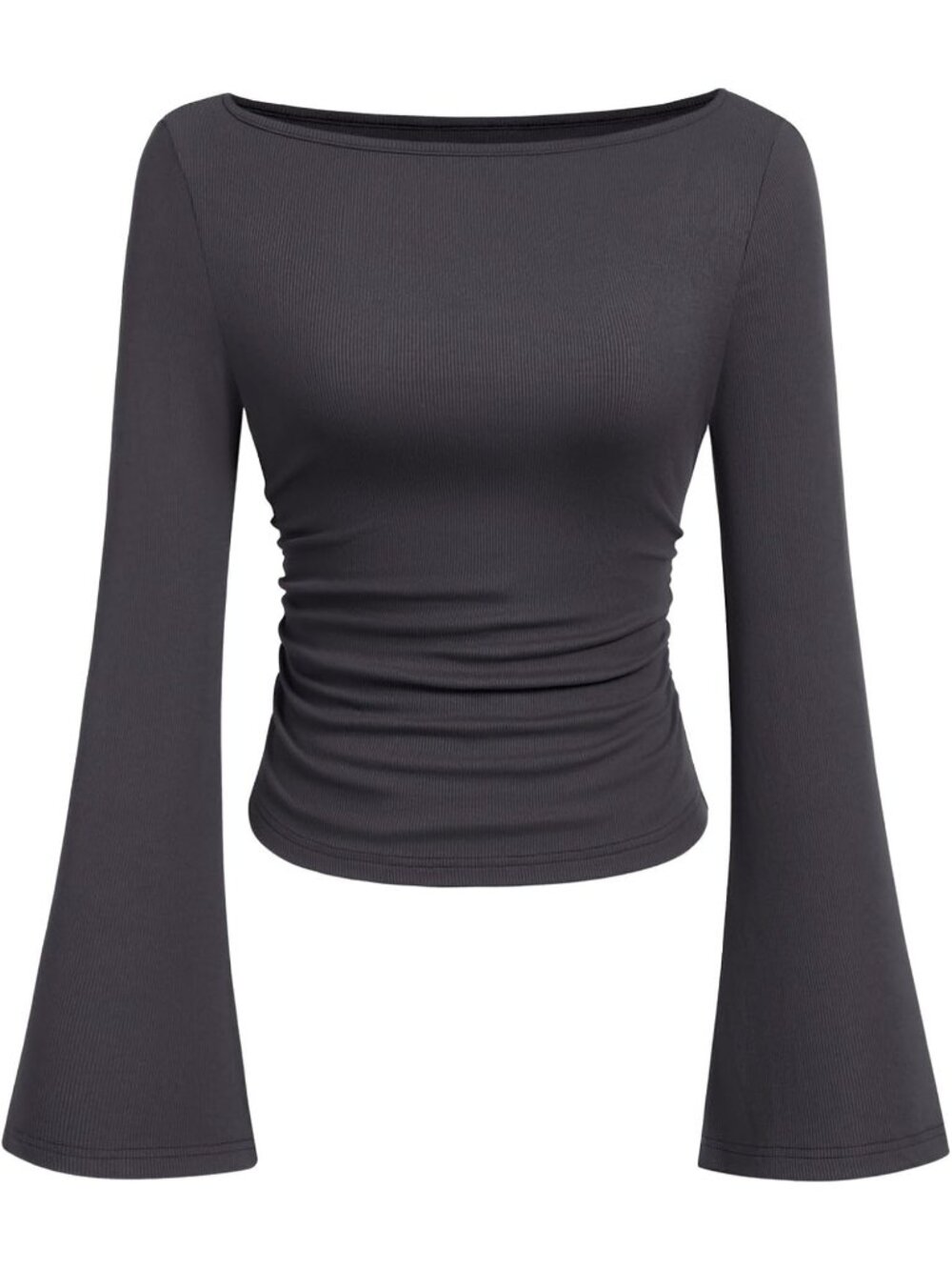 Women's Dark Grey Trendy Boat Neck Slim Fit Bell Long Sleeve Ribbed Knit Tops